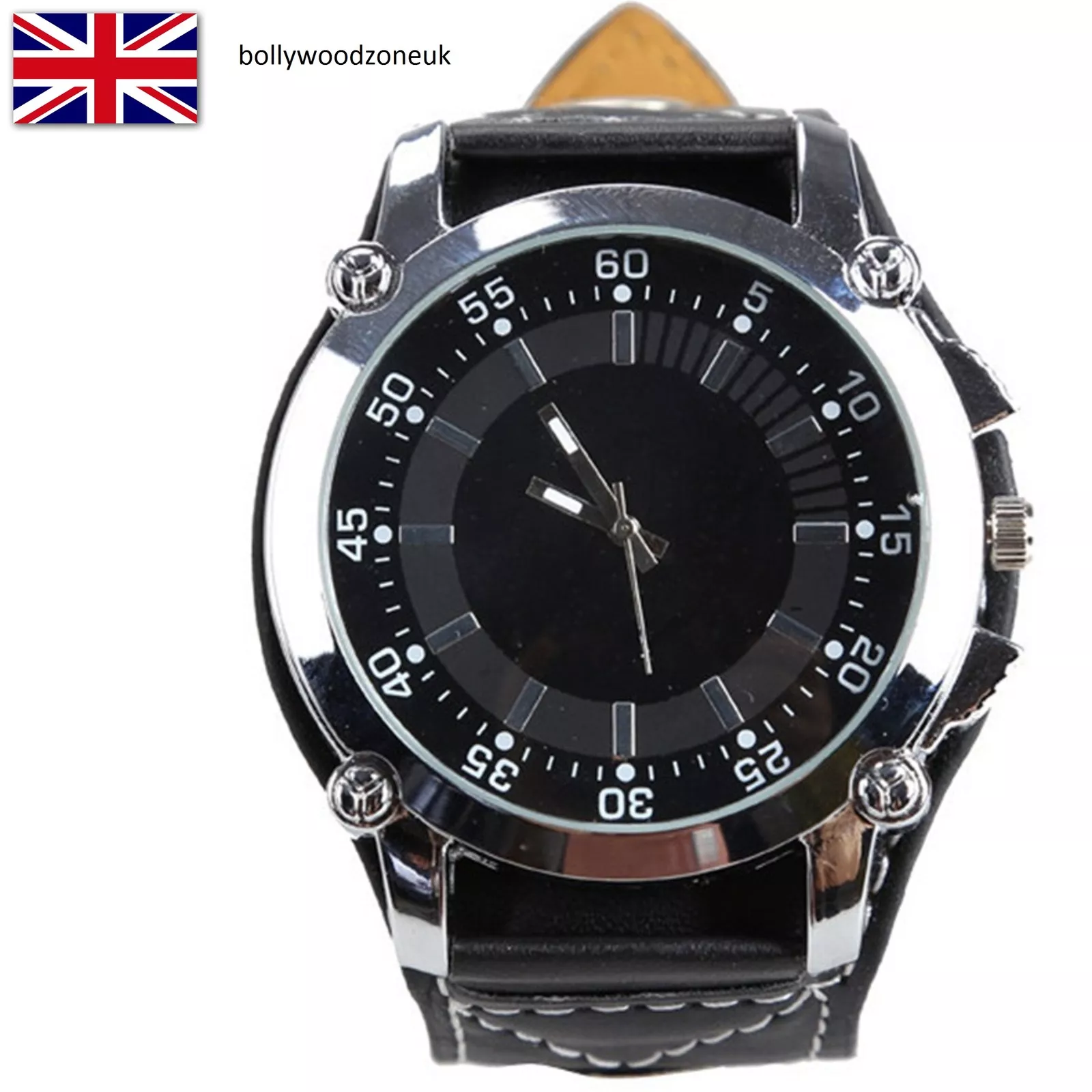 Men's Large Dial Black Analog Round Men watch PU Leather Strap Watch