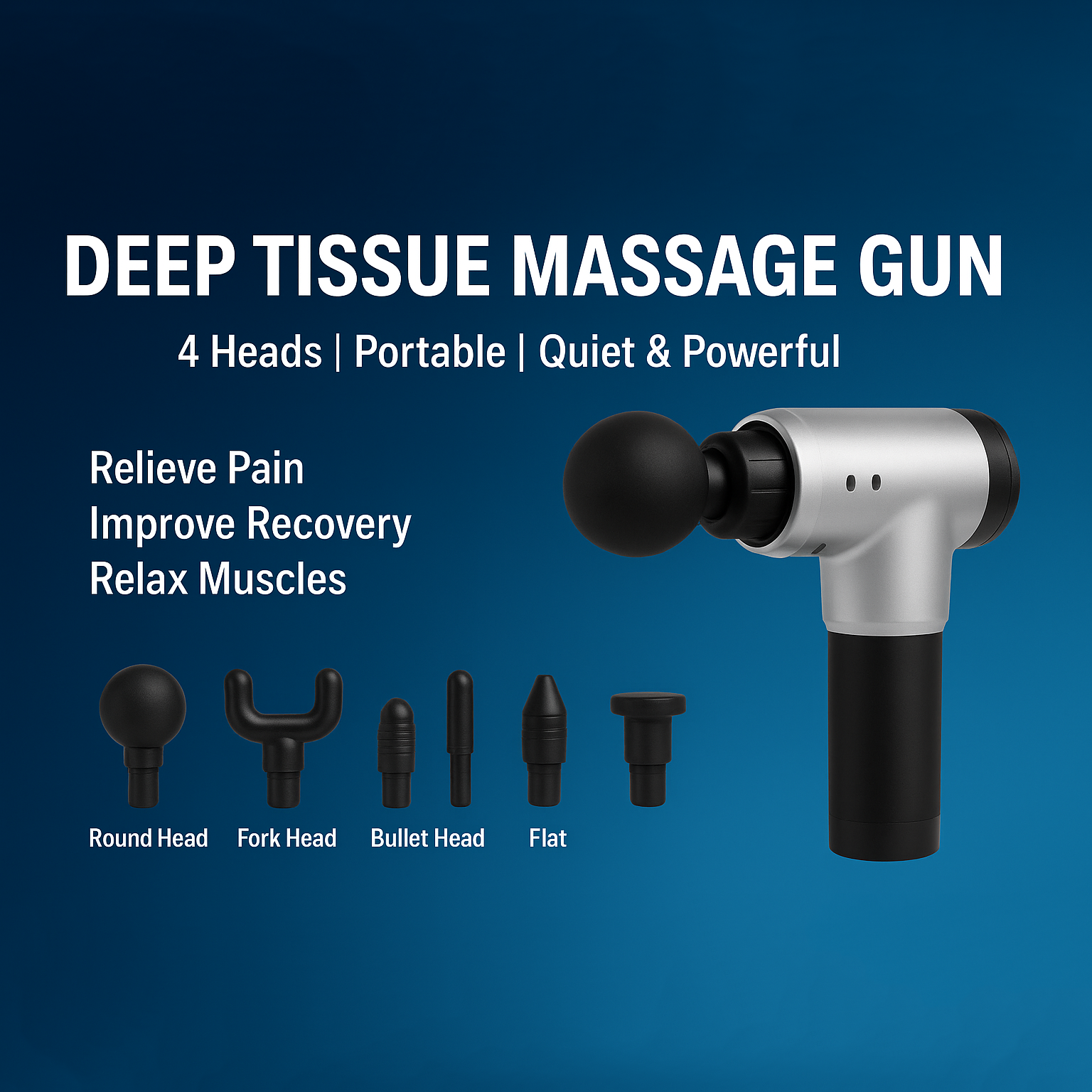 Deep Tissue Massage Gun for Muscle Recovery – Handheld Electric Massager with 4 Attachment Heads & Adjustable Speed