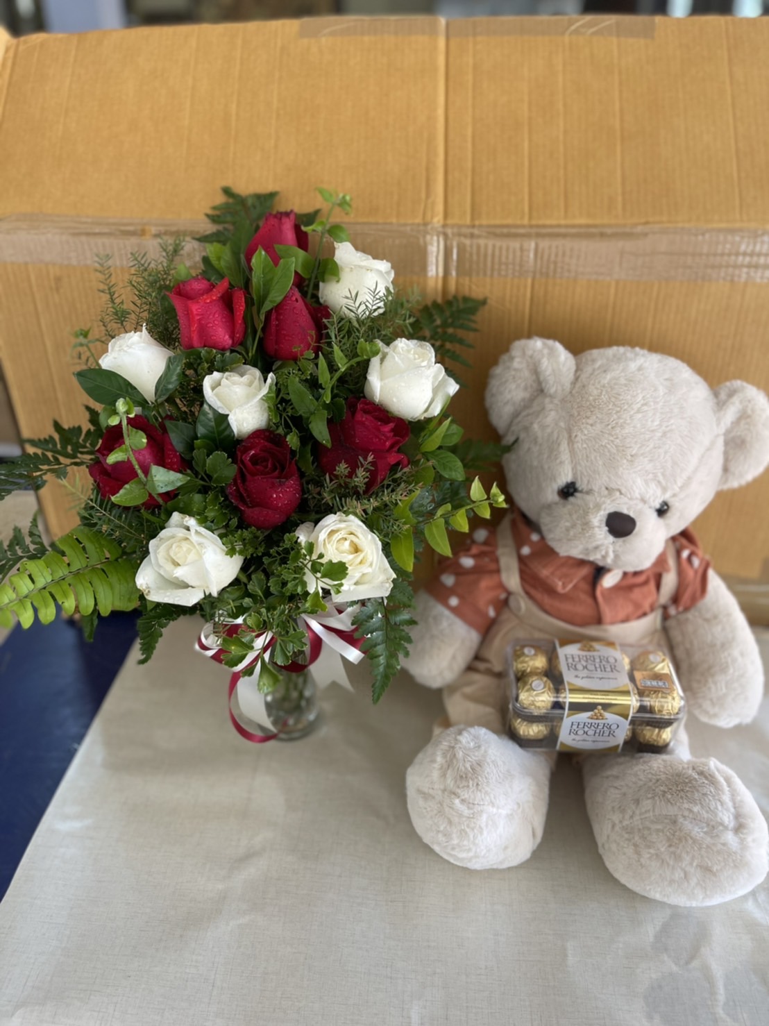 Teddy Bear with Flowers and Chocolates