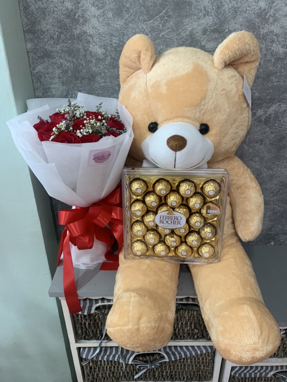 Giant Teddy Bear with Roses and Chocolates