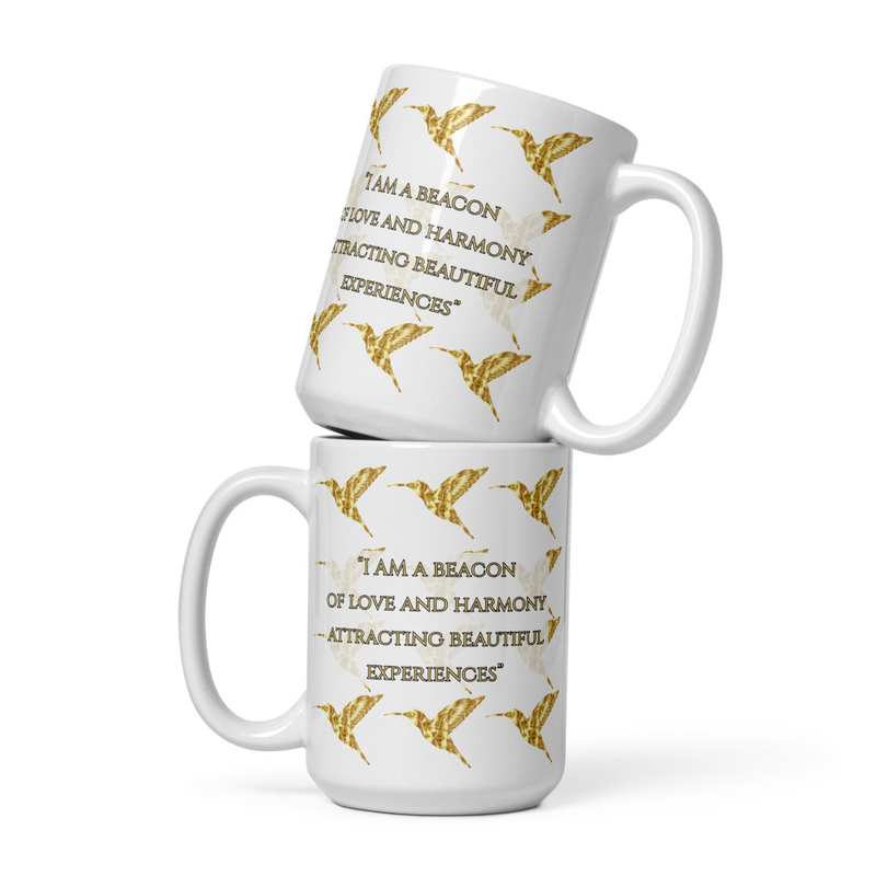 Luxe Hummingbird Love/Harmony Affirmation White glossy mug