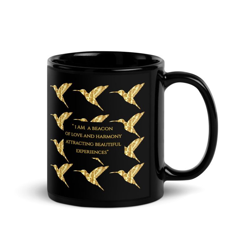Luxe Hummingbird Love/Harmony  Inspirational Black Glossy Mug