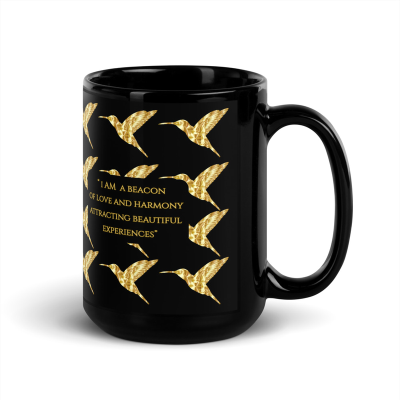 Luxe Hummingbird Love/Harmony  Inspirational Black Glossy Mug