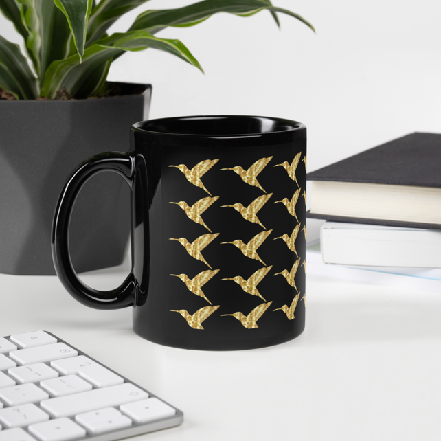 Golden Hummingbird Black Glossy Mug