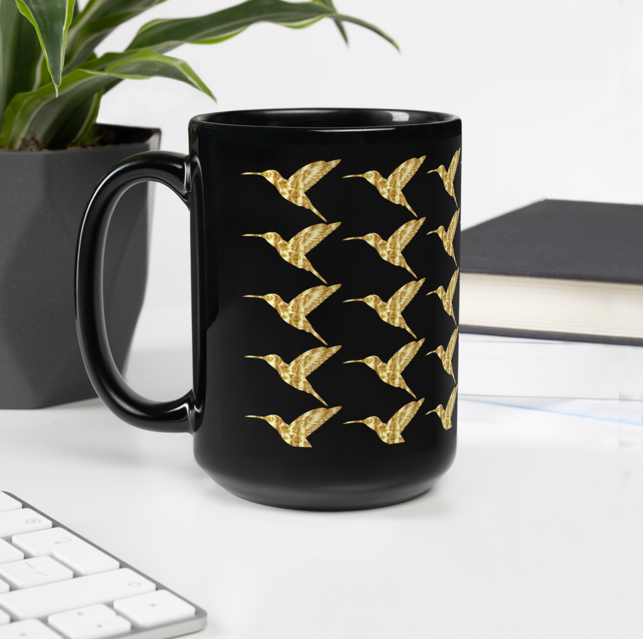 Golden Hummingbird Black Glossy Mug