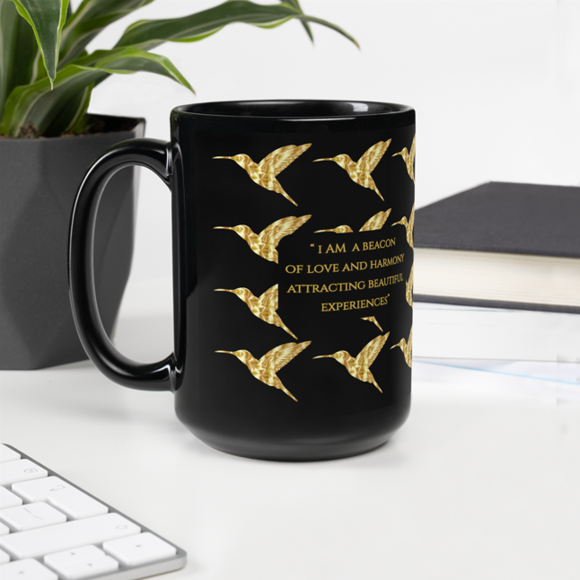 Luxe Hummingbird Love/Harmony  Inspirational Black Glossy Mug