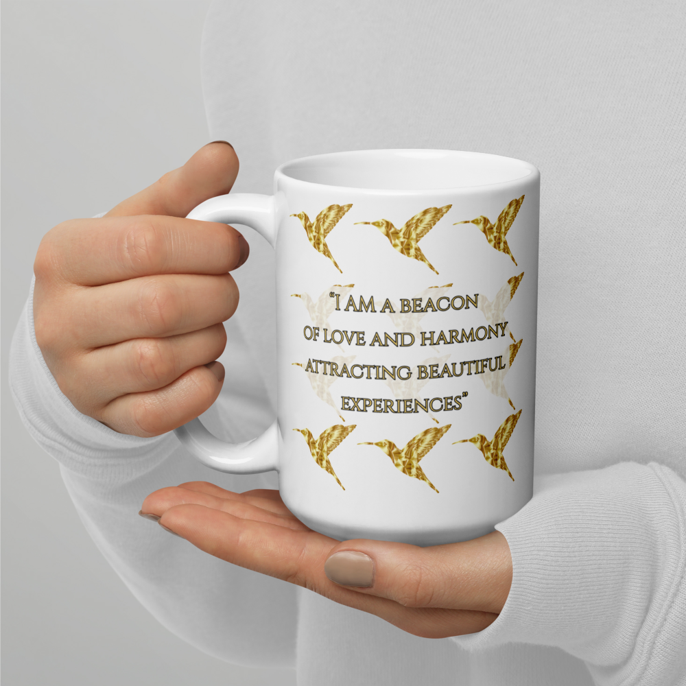 Luxe Hummingbird Love/Harmony Affirmation White glossy mug