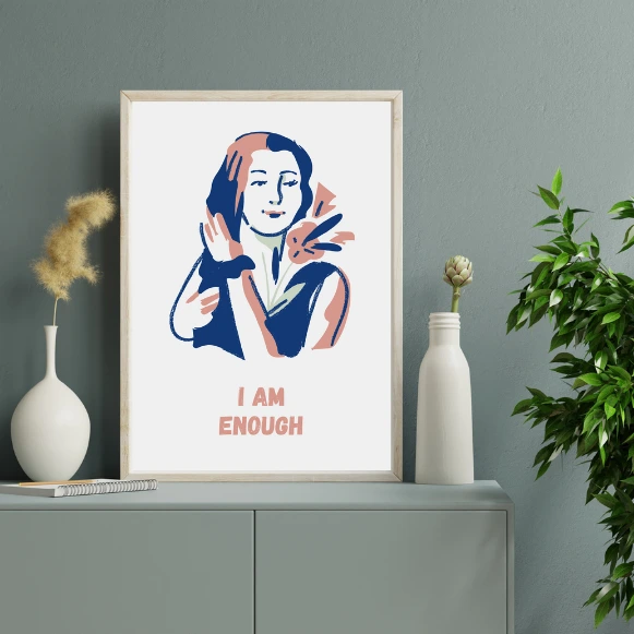 I Am Enough" Inspirational Wall Art – Affirmation Girl Illustration, 4 Color Versions, High-Resolution PDF, 6 Sizes for Home & Office, Empowerment Decor for Self-Worth & Confidence