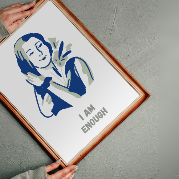I Am Enough" Inspirational Wall Art – Affirmation Girl Illustration, 4 Color Versions, High-Resolution PDF, 6 Sizes for Home & Office, Empowerment Decor for Self-Worth & Confidence