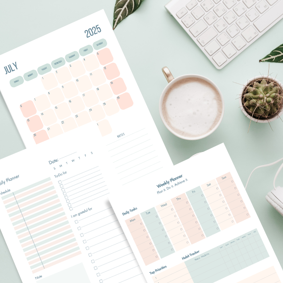 Minimal Pastel Printable Planner Bundle: Aesthetic Digital Calendar, Daily & Weekly Planners, 9 Affirmation Cards (4x6), A4/US Letter