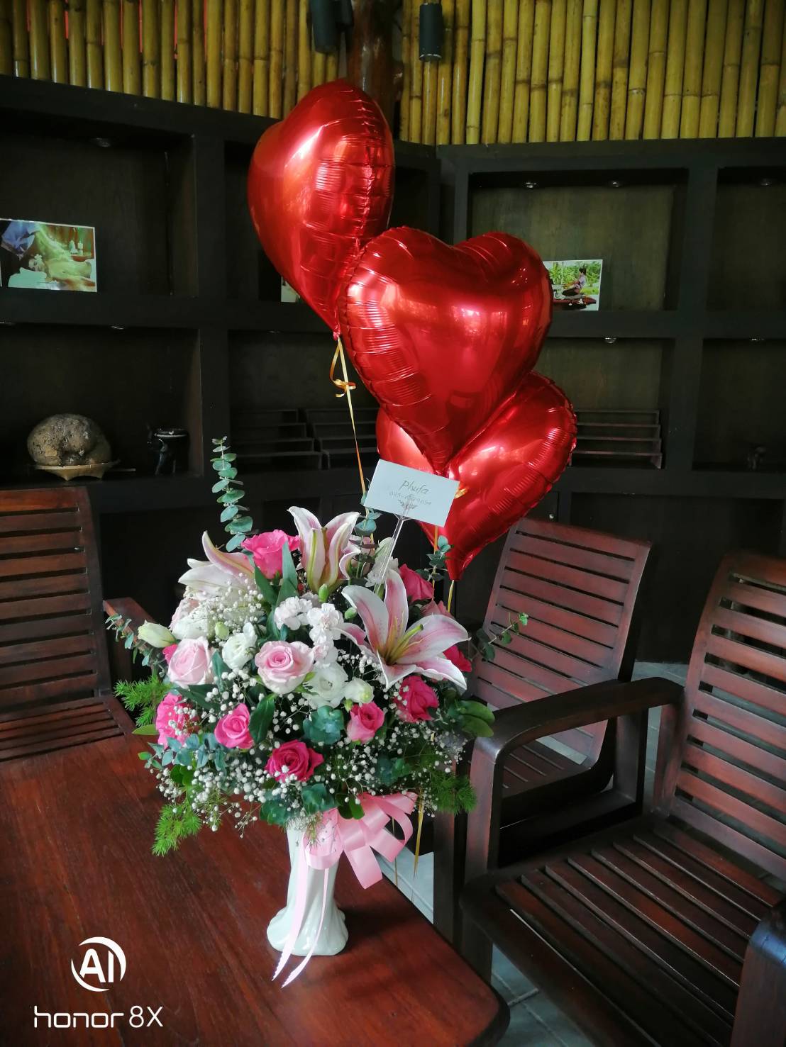 Floral Arrangement with Heart Balloons