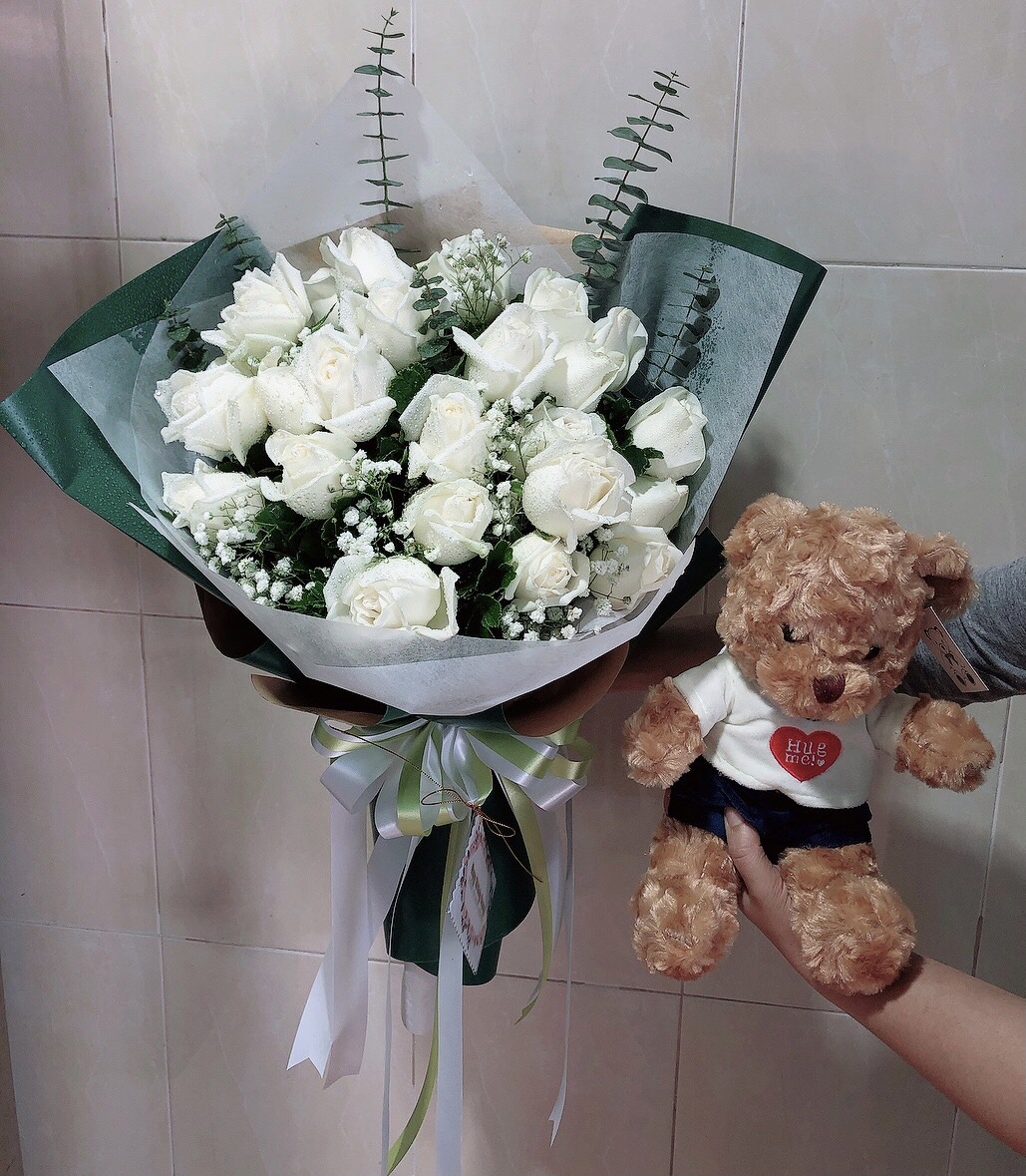White Rose Bouquet and Teddy Bear