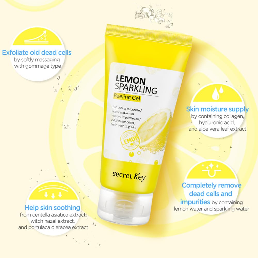SECRETKEY Lemon Sparkling Peeling Gel, Deep Cleansing, Exfoliation, Skin Moisturization, Low Irritation for Sensitive Skin fl. 4.05 oz / 120 ml