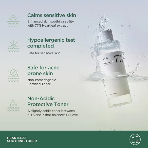 Anua Heartleaf 77 Soothing Toner I pH 5.5 Trouble Care, Calming , Refreshing, Hydrating, Purifying, Cruelty Free, Vegan,(250ml.)