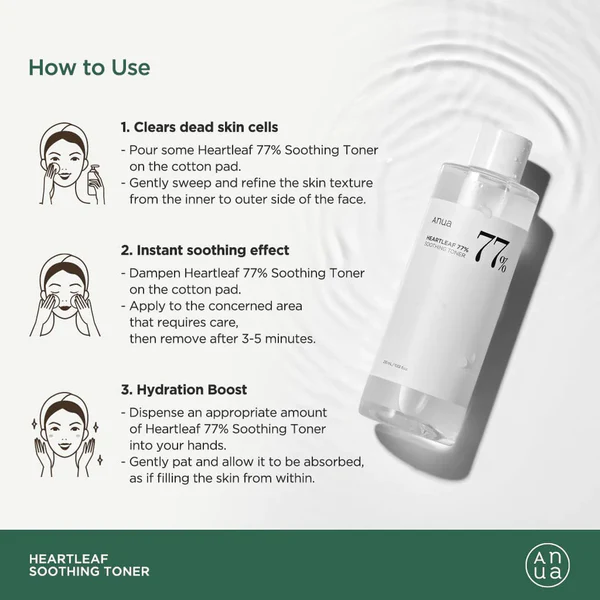 Anua Heartleaf 77 Soothing Toner I pH 5.5 Trouble Care, Calming , Refreshing, Hydrating, Purifying, Cruelty Free, Vegan,(250ml.)