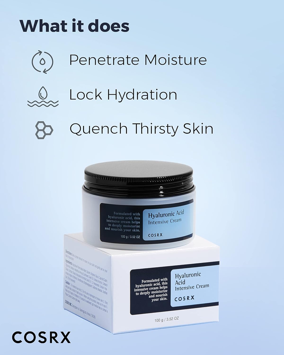 COSRX Hyaluronic Acid Moisturizing Cream, 100 milliliters (Pack of 1) | Sensitive | Long-lasting Hydration | Animal Testing Free, Parabens Free | Korean Skin Care