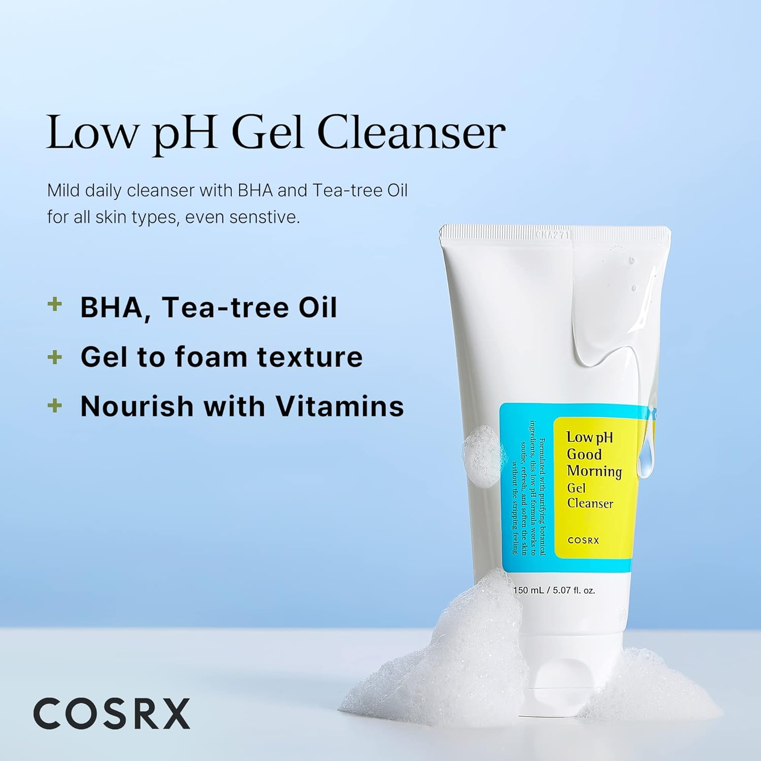 COSRX Low pH Good Morning Gel Cleanser, 150 ml  Daily Mild Face Cleanser for Sensitive Skin | BHA, Tea-Tree Oil | pH Balancing
