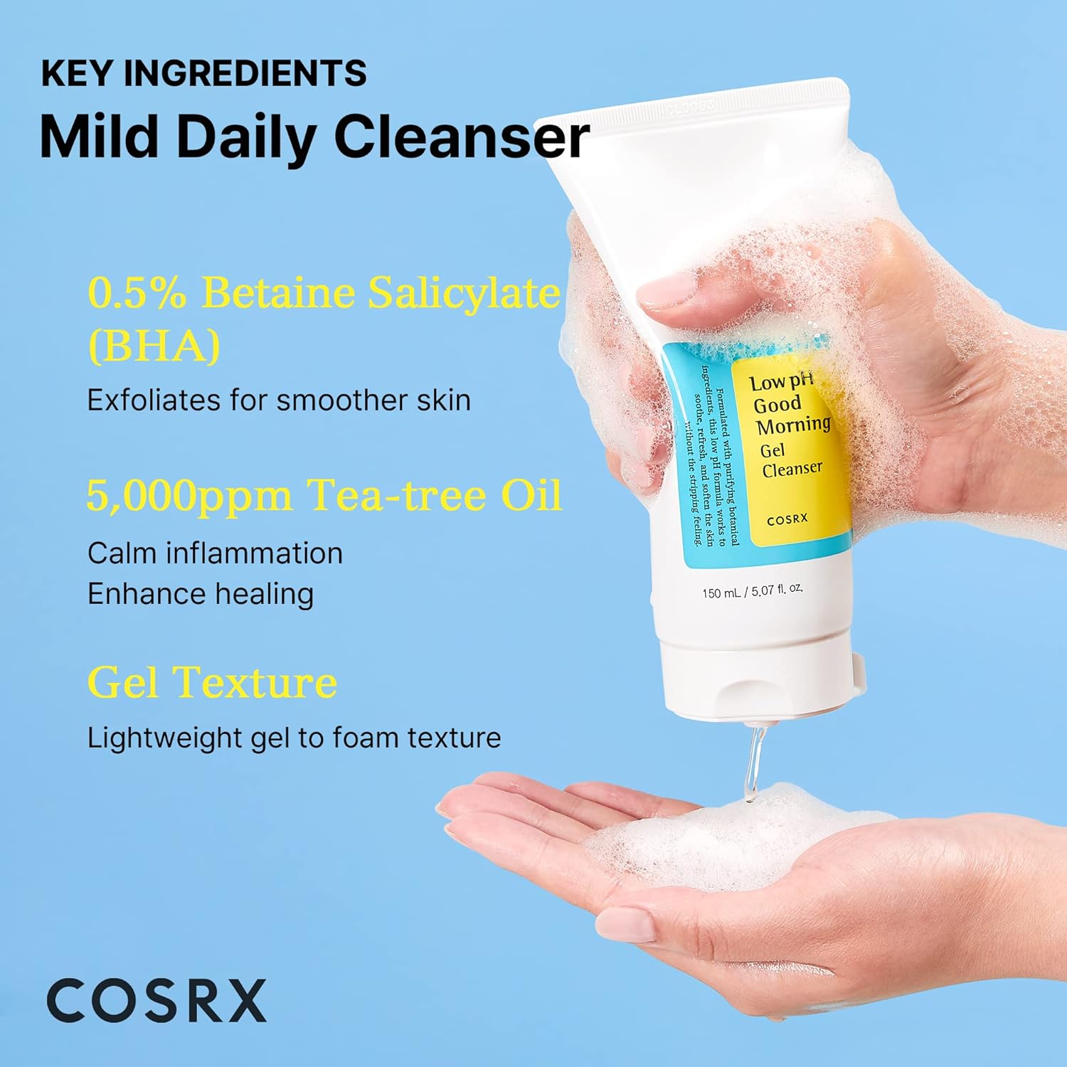 COSRX Low pH Good Morning Gel Cleanser, 150 ml  Daily Mild Face Cleanser for Sensitive Skin | BHA, Tea-Tree Oil | pH Balancing