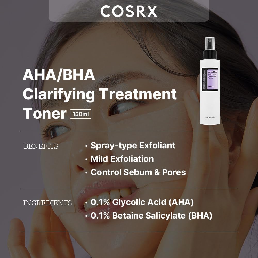 COSRX AHA/BHA Treatment Toner 5.07 fl.oz/ 150ml, Facial Exfoliating Spray for Whiteheads, Pores, & Uneven Skin, Korean Toner, Not Tested on Animals, No Parabens, No Sulfates, Korean Skincare
