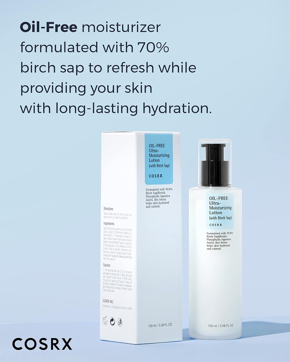 COSRX Oil Free Lotion with Birch Sap, Daily Acne Facial Moisturizer, 3.38 fl.oz / 100ml, Hydrating moisturizer for all skin types, Korean skincare, Paraben free