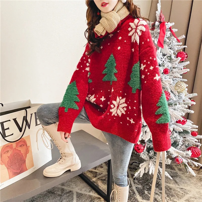 Suéter navideño con estampado de arboles y copos de nieve
