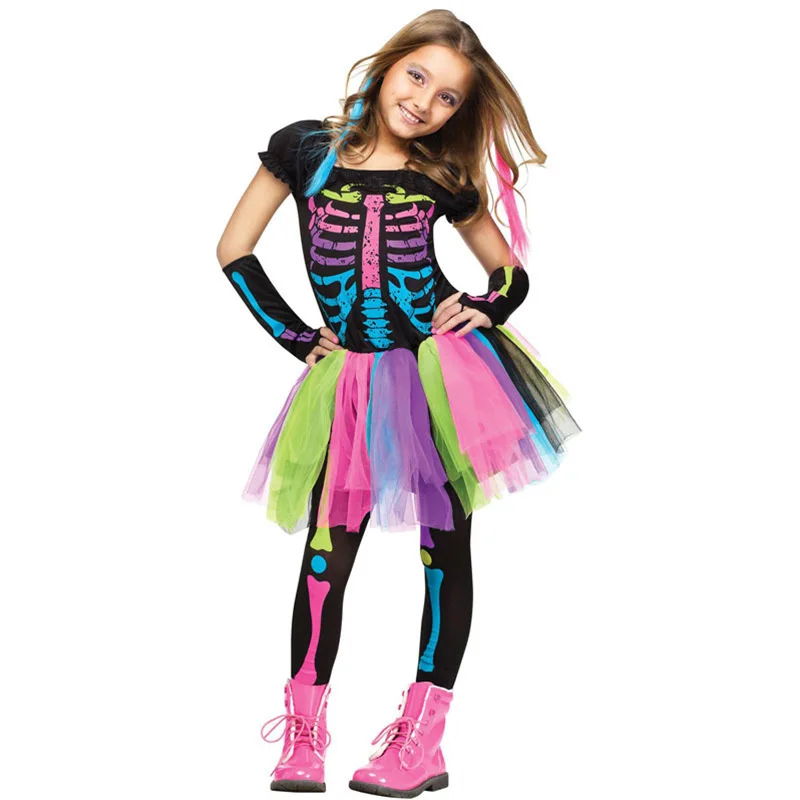 Disfraz de esqueleto colorido para niña