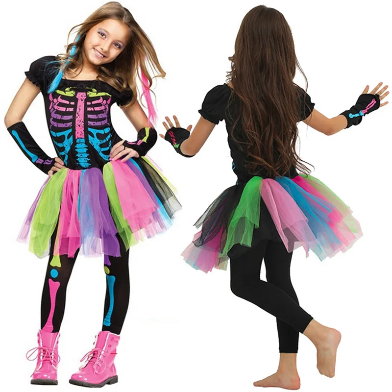 Disfraz de esqueleto colorido para niña