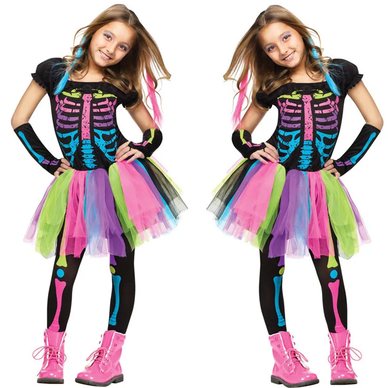 Disfraz de esqueleto colorido para niña