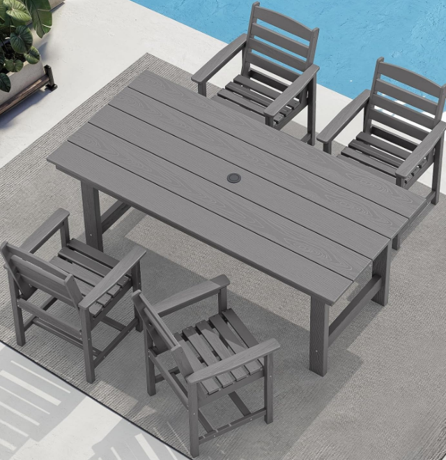  Patio Dining Table Sets 5-Piece, Outdoor HDPE Dining Furniture Set with Umbrella Hole Cut-Out Table and 4 Chairs, All Weather Dining Set for Lawn, Garden, Backyard, Poolside, Gray