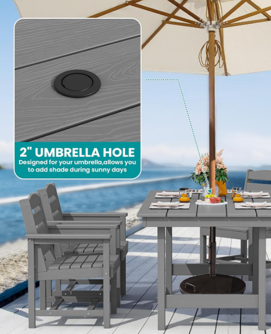  Patio Dining Table Sets 5-Piece, Outdoor HDPE Dining Furniture Set with Umbrella Hole Cut-Out Table and 4 Chairs, All Weather Dining Set for Lawn, Garden, Backyard, Poolside, Gray