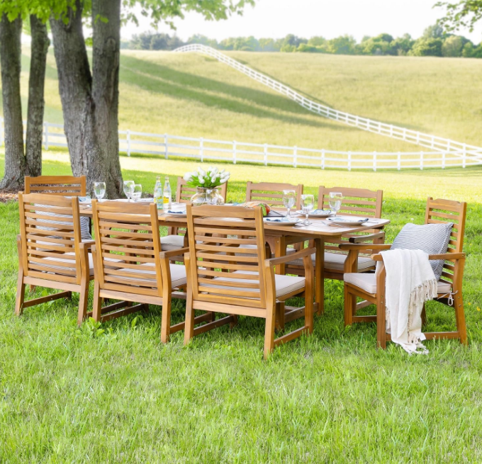 9 Pieces Patio Dining Set, Outdoor Table Chairs Set for 8, 1 x Rectangular Expandable Acacia Wood Table, 8 x Wood Dinging Chairs with Removable Cushions for Lawn, Garden, Backyard