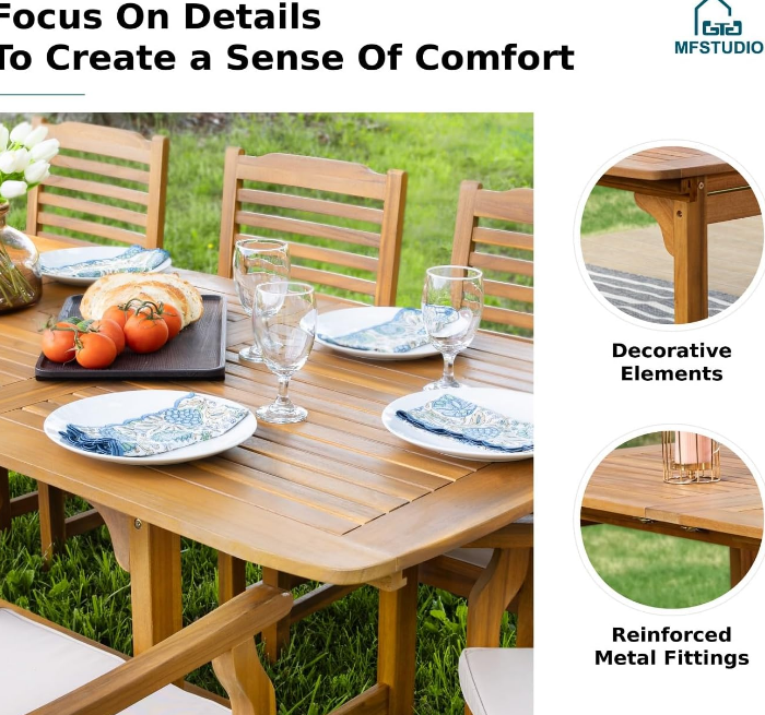 9 Pieces Patio Dining Set, Outdoor Table Chairs Set for 8, 1 x Rectangular Expandable Acacia Wood Table, 8 x Wood Dinging Chairs with Removable Cushions for Lawn, Garden, Backyard