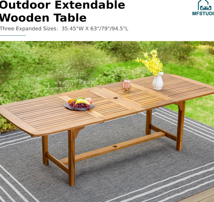 9 Pieces Patio Dining Set, Outdoor Table Chairs Set for 8, 1 x Rectangular Expandable Acacia Wood Table, 8 x Wood Dinging Chairs with Removable Cushions for Lawn, Garden, Backyard