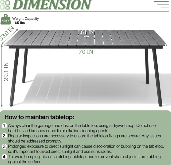 Dining Table, 70inch Patio Dining Table with Wooden-Like Top and Aluminum Frame, Rectangular Table with Umbrella Hole Outdoor Furniture, Only Table, Grey
