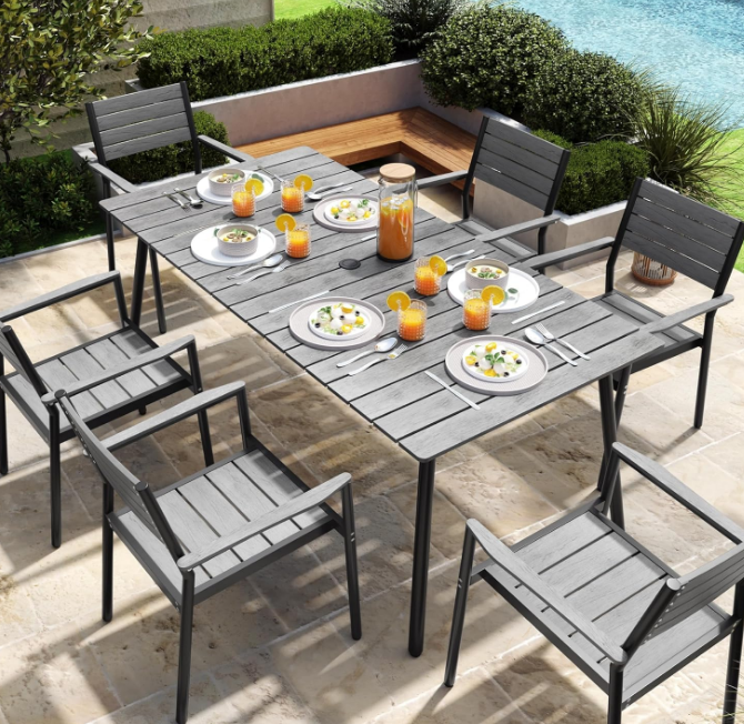 Dining Table, 70inch Patio Dining Table with Wooden-Like Top and Aluminum Frame, Rectangular Table with Umbrella Hole Outdoor Furniture, Only Table, Grey