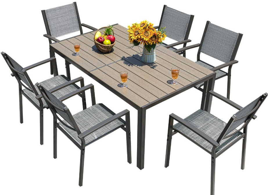 Patio Dining Set 7 Pieces Outdoor Furniture Table and 6 Textilene Chairs, Light Grey