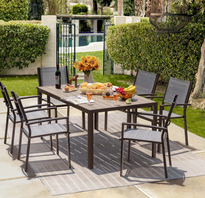 Patio Dining Set 7 Pieces Outdoor Furniture Table and 6 Textilene Chairs, Light Grey
