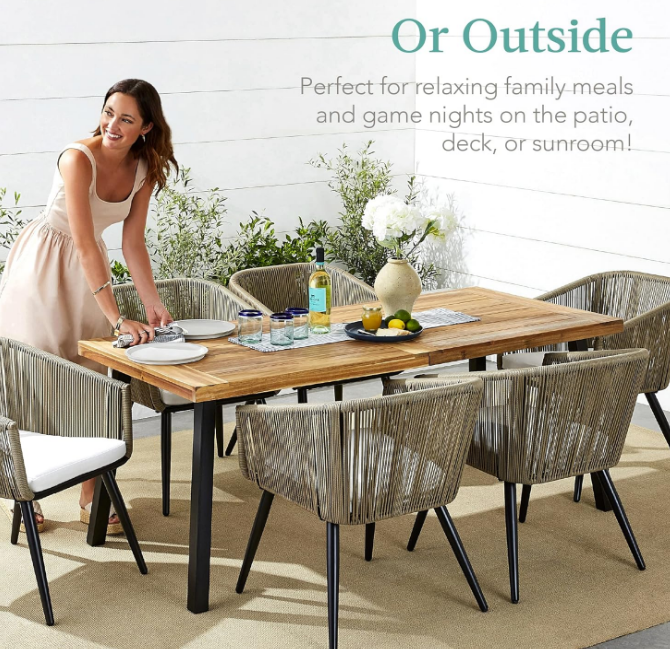 Products 6-Person Indoor Outdoor Acacia Wood Dining Table, Picnic Table w/Powder-Coated Steel, 350 Pound Capacity Legs - Natural
