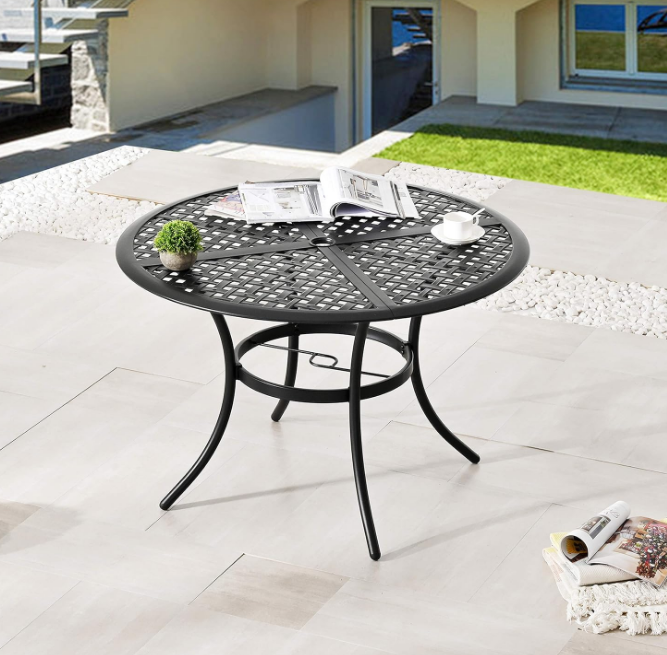 42.1" Outdoor Round Cast Wrought Iron Patio Metal Dining Table with Umbrella Hole, Steel Frame for Backyard Lawn Balcony Deck, Black