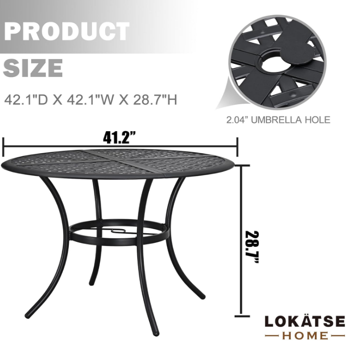 42.1" Outdoor Round Cast Wrought Iron Patio Metal Dining Table with Umbrella Hole, Steel Frame for Backyard Lawn Balcony Deck, Black