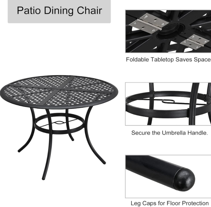 42.1" Outdoor Round Cast Wrought Iron Patio Metal Dining Table with Umbrella Hole, Steel Frame for Backyard Lawn Balcony Deck, Black