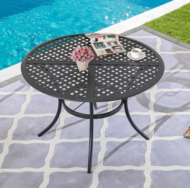 42.1" Outdoor Round Cast Wrought Iron Patio Metal Dining Table with Umbrella Hole, Steel Frame for Backyard Lawn Balcony Deck, Black