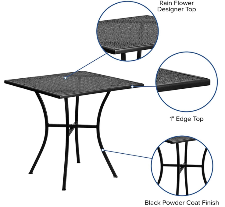 Oia 28" Commercial Grade Steel Patio Table, Modern Square Rain Flower Design Outdoor Dining Table, Black