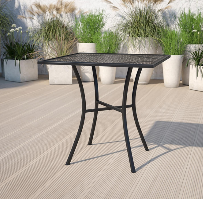 Oia 28" Commercial Grade Steel Patio Table, Modern Square Rain Flower Design Outdoor Dining Table, Black