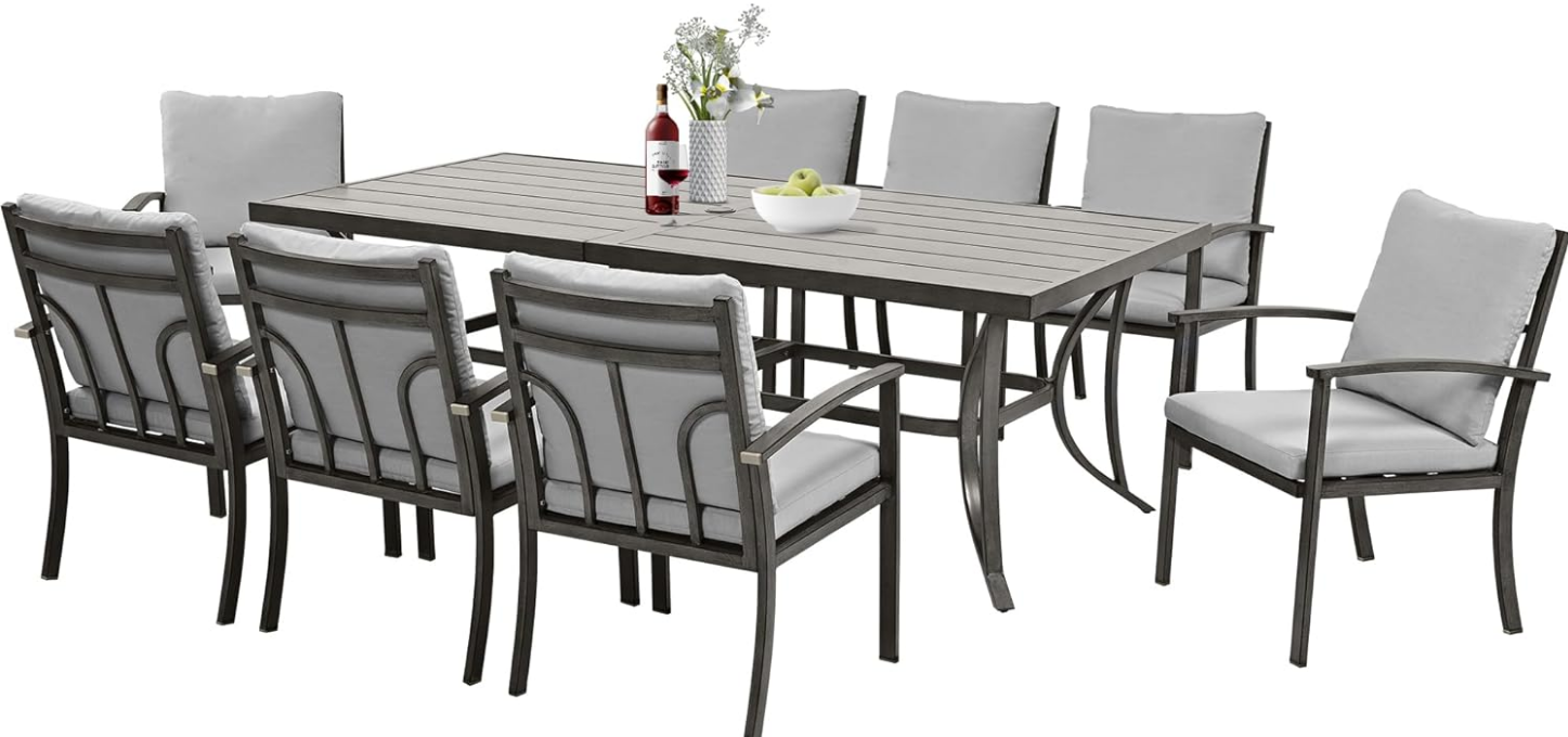 9-Piece Patio Outdoor Dining Set - All Aluminum Patio Table and Chairs Set for 8 Includes 1 Rectangular Dining Table and 8 Dining Chairs with Cushions, Patio Dining Set for Lawn, Garden
