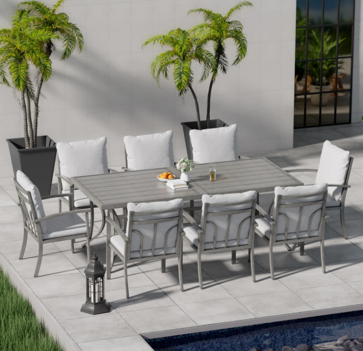 9-Piece Patio Outdoor Dining Set - All Aluminum Patio Table and Chairs Set for 8 Includes 1 Rectangular Dining Table and 8 Dining Chairs with Cushions, Patio Dining Set for Lawn, Garden