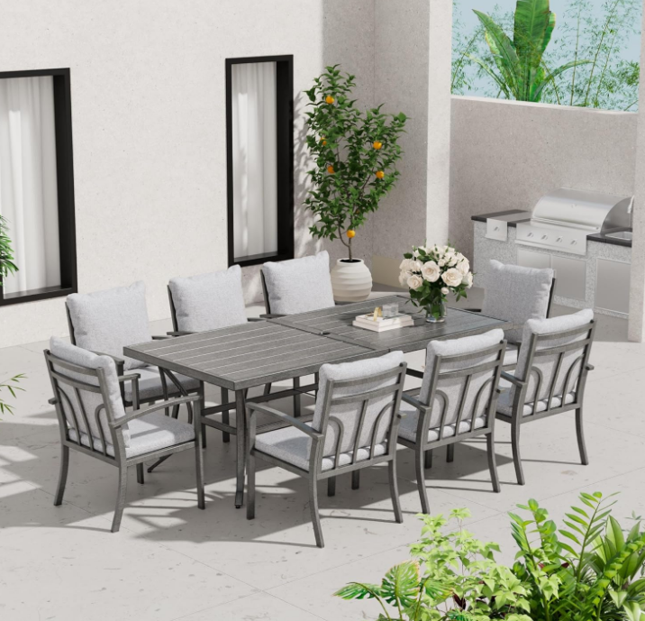 9-Piece Patio Outdoor Dining Set - All Aluminum Patio Table and Chairs Set for 8 Includes 1 Rectangular Dining Table and 8 Dining Chairs with Cushions, Patio Dining Set for Lawn, Garden