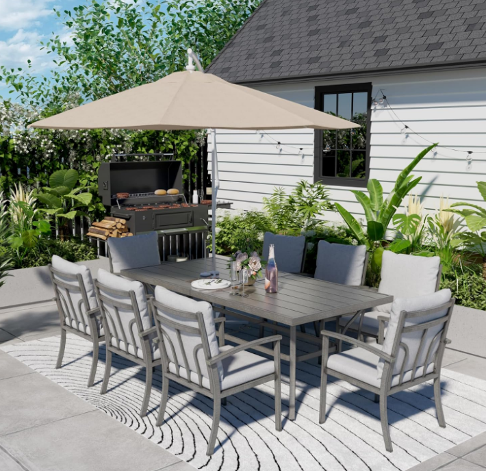 9-Piece Patio Outdoor Dining Set - All Aluminum Patio Table and Chairs Set for 8 Includes 1 Rectangular Dining Table and 8 Dining Chairs with Cushions, Patio Dining Set for Lawn, Garden