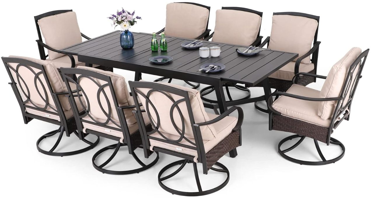 9 Pieces Patio Dining Furniture Set for 8, Outdoor Rectangle Extendable Table and 8 Wicker & Metal Swivel Chairs with Beige Cushions, Outdoor Table and Chairs Dining Set for 8