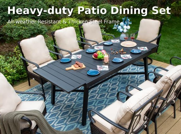 9 Pieces Patio Dining Furniture Set for 8, Outdoor Rectangle Extendable Table and 8 Wicker & Metal Swivel Chairs with Beige Cushions, Outdoor Table and Chairs Dining Set for 8